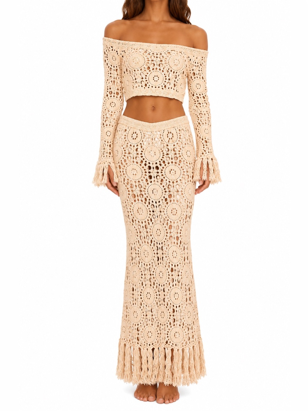 Tularosa Crochet Cover-Up Set Cream Size Small (Top + Skirt) size Small
